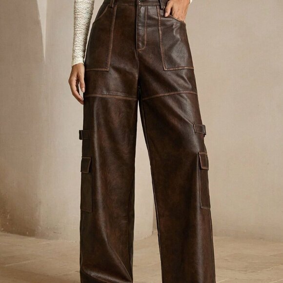 Coffee Brown Casual Women's Merlot Vintage Distressed Faux Cargo Pants - Picture 2 of 6